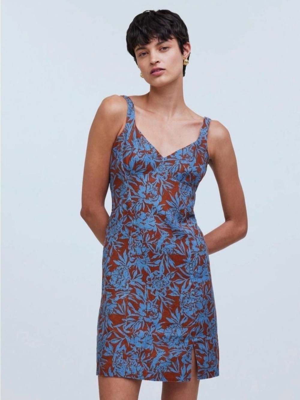 Madewell Floral Mini Dress Size 12 Rust Blue Sleeveless Side Slit Cottagecore